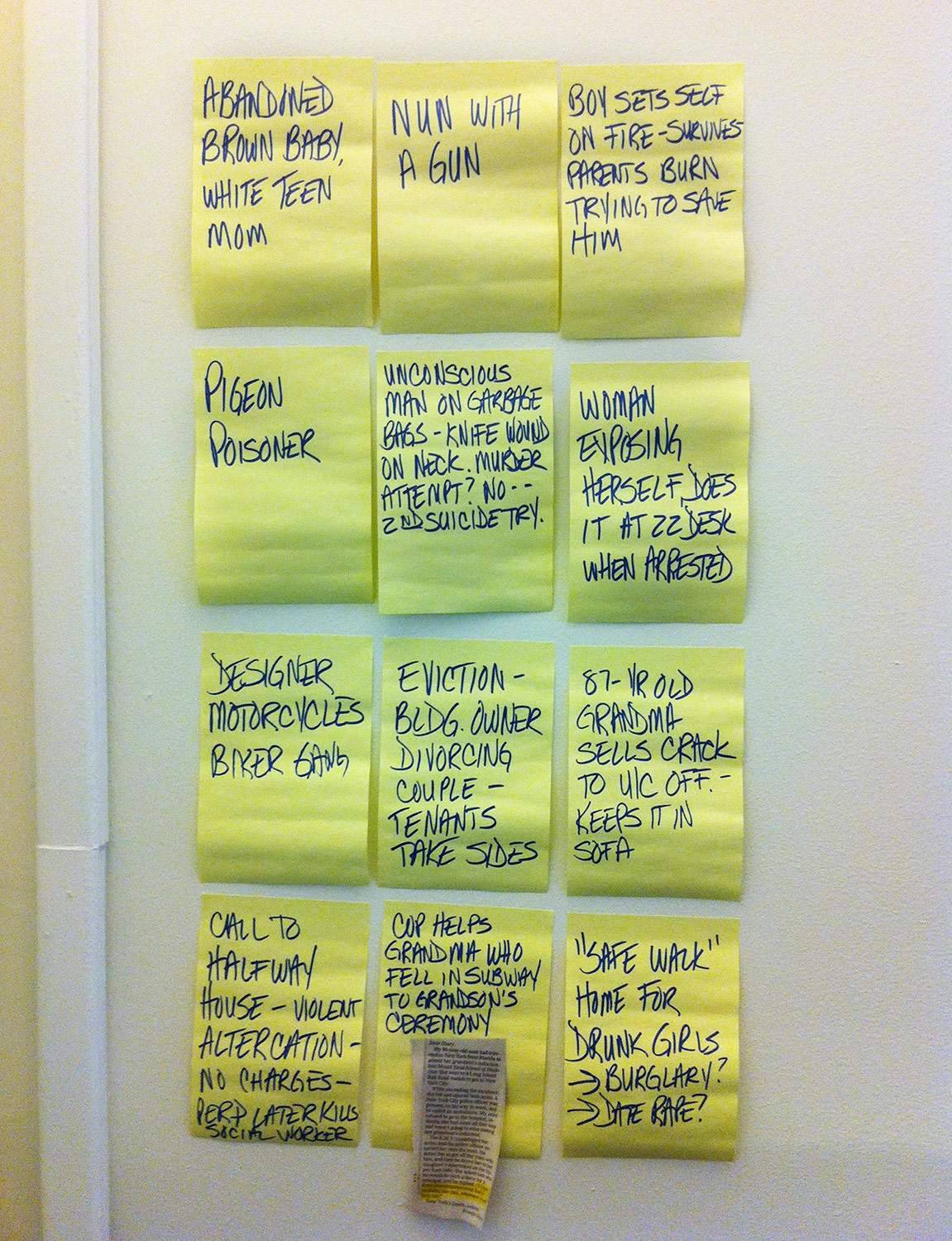 Post-It notes of story ideas on the office wall