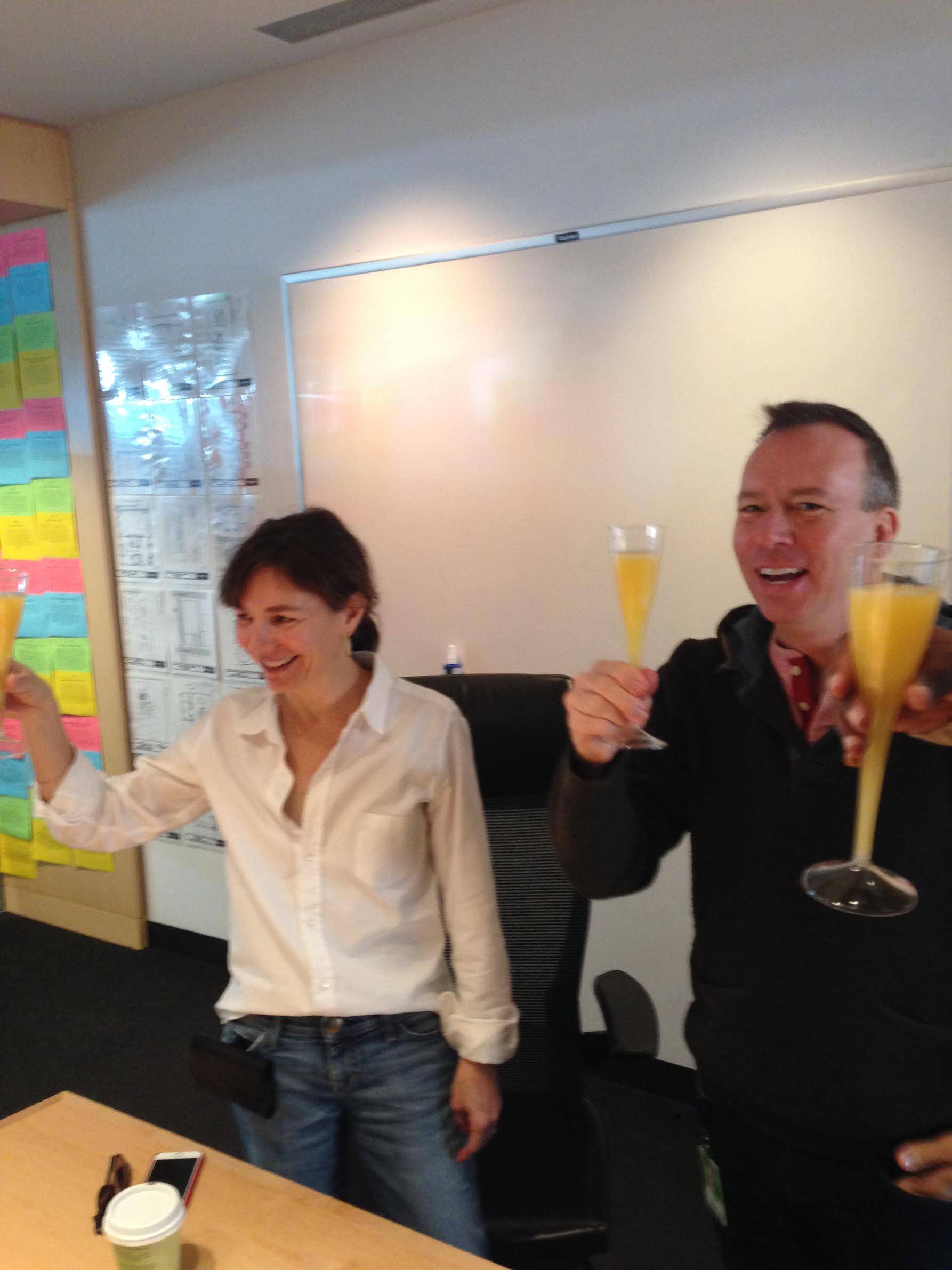 Toasting the premiere ratings the morning after with Ilene Chaiken in the writers room.