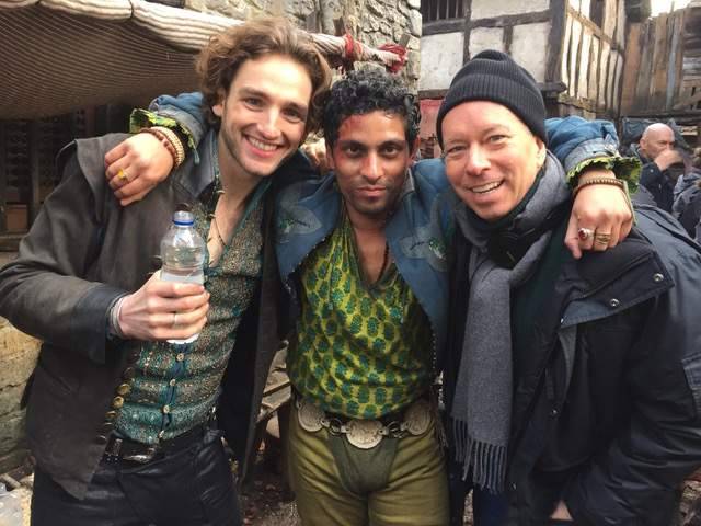 Laurie Davidson (with water bottle), Shane Zaza and David between shots on a chilly backlot day (director Jonathan Teplitzky in background).