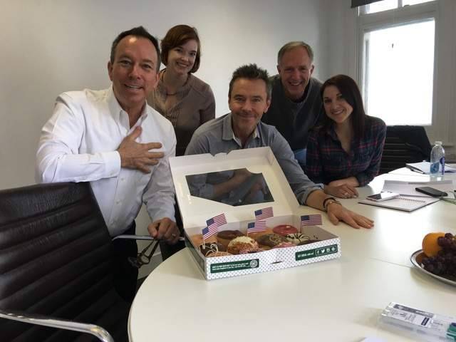 First day in the WILL writers room was July 4th. Craig Pearce brought the writing staff Krispy Kremes with American flags to celebrate. (from left, writers David, Corinne Marrinan, Craig Pearce, Mark Steilen, Sarah Byrd).