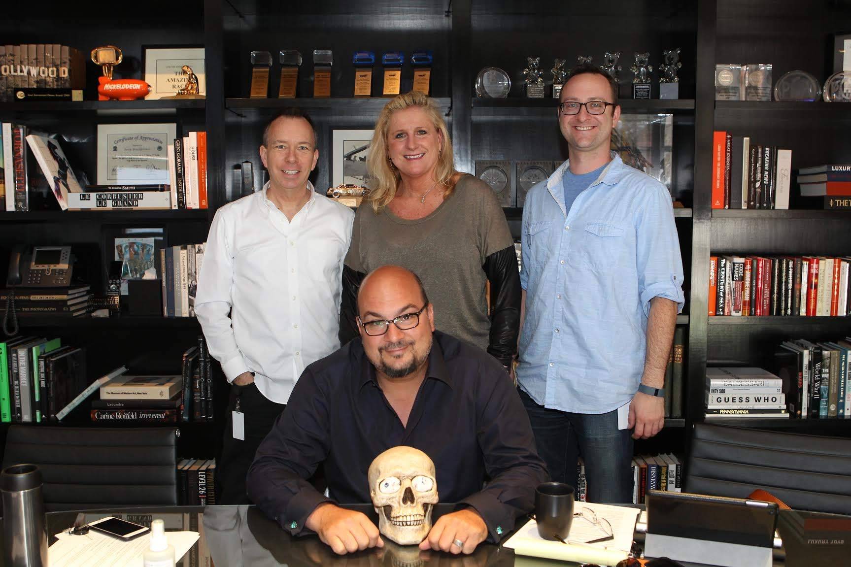 With CSI creator Anthony Zuiker, co-EP Liz Devine and assistant Jack Gutowitz in the series finale (“Immortality”) writers room.