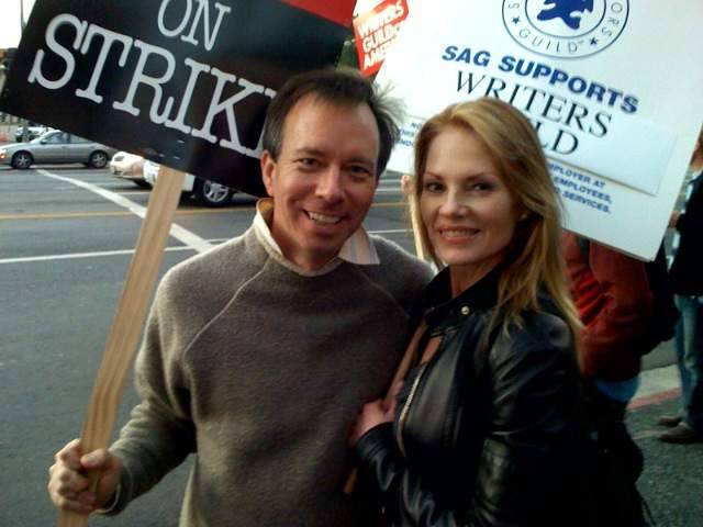 With Marg Helgenberger, picketing during writers strike