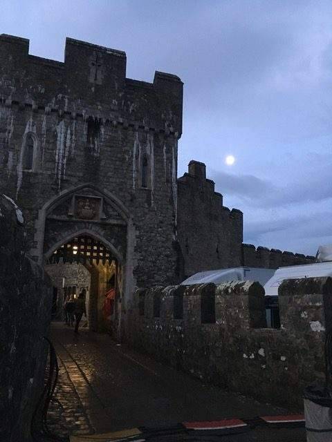 Work on location starts before the moon sets. This is Atlantic College, the Welsh castle owned at one time by William Randolph Hearst.