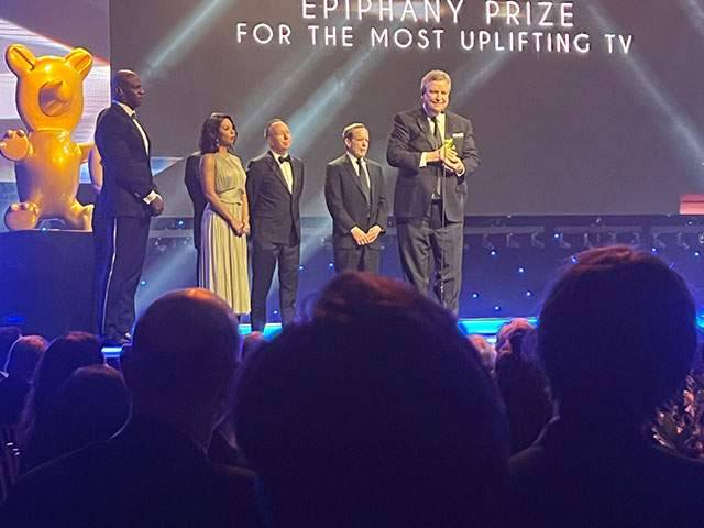 Host Terry Crews, Angel Parker, David and Hudson Hickman with Sam accepting the MovieGuide Awards “Epiphany Prize” for “Most Uplifting Television Program of the Year"